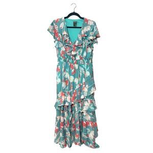 TAYLOR Green Orange & White Tiered Ruffled Floral Dress Romantic Feminine Sz 10